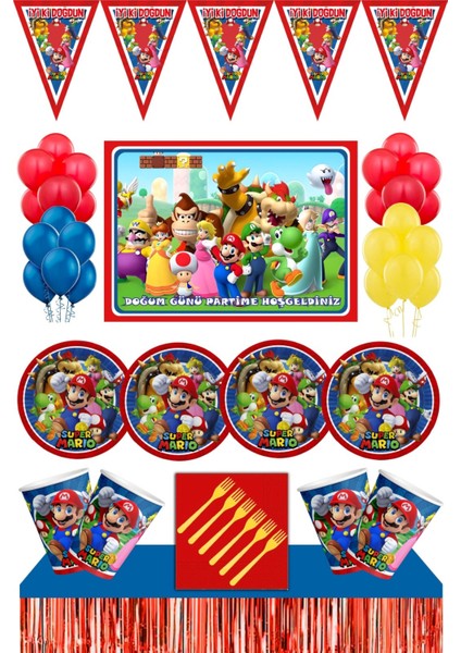 Super Mario Doğum Günü Konsepti Afişli 16 Kişilik Masa Etekli Super Mario doğum Günü Seti