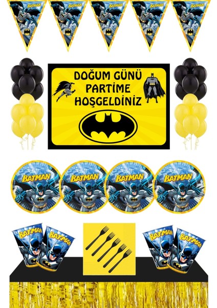Batman Doğum Günü Konsepti 16 Kişilik Afişli Masa Etekli Siyah Set+Batman Parti Malzemeleri 16 Kişilik Afişli Masa Etekli Siyah Set