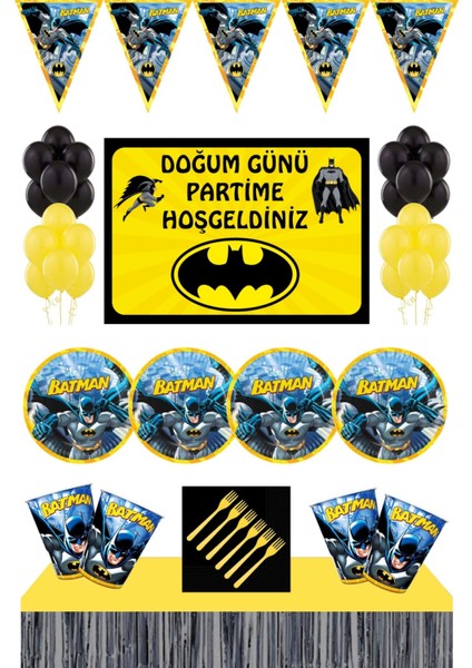 Batman Doğum Günü Konsepti 16 Kişilik Afişli Masa Etekli Sarı Set+Batman Parti Malzemeleri 16 Kişilik Afişli Masa Etekli Sarı Set