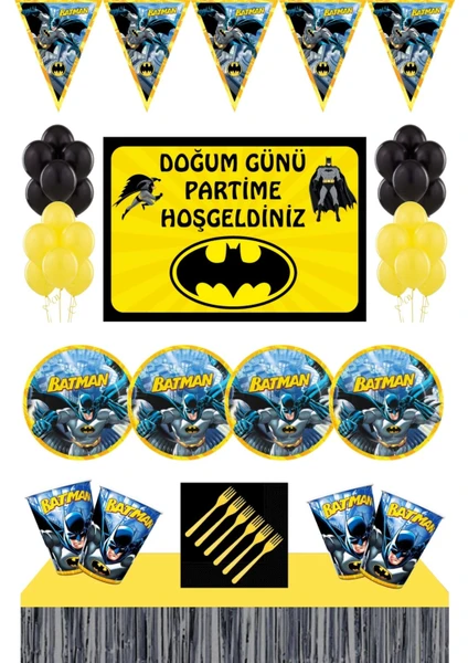 Parti Furyası Batman Doğum Günü Konsepti 16 Kişilik Afişli Masa Etekli Sarı Set+Batman Parti Malzemeleri 16 Kişilik Afişli Masa Etekli Sarı Set