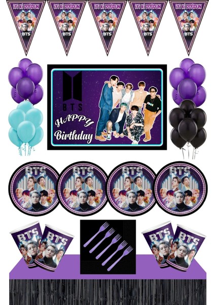 Bts Kpop Doğum Günü Konsepti 40 Kişilik 50X70 cm Afişli Bts Doğum Günü Seti Siyah Masa Etekli