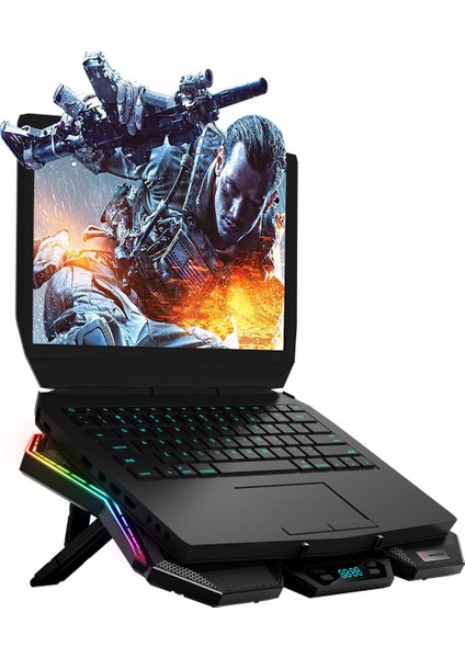 AD-RX44 X-GALE 6 Fanlı 12 RGB Işık Modlu 7 Kademe Standlı LCD Göstergeli Notebook Soğutucu