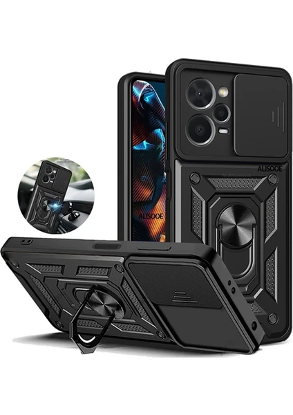 MTK Moveteck Xiaomi Poco X5 Pro 5g Uyumlu Kılıf Kamera Lens Korumalı Sürgülü Yüzüklü Armor Military Zırh Tank Kapak Tam Kaplar