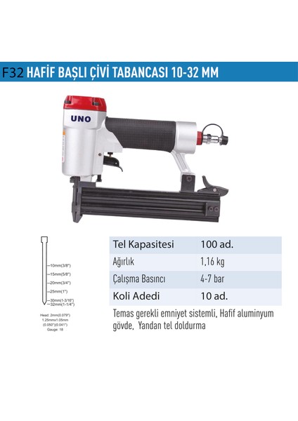 Çivi Tabancası Hafif Başlı 10-32 mm UNODF32