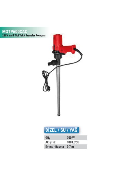 220V Varil Tipi Yakıt Transfer Pompası MGTP600CAC