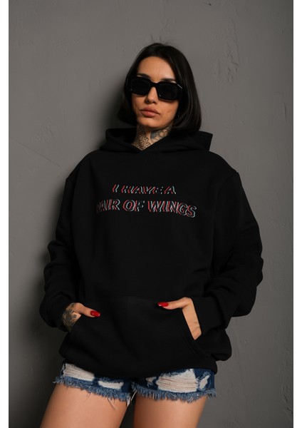 Kadın Sırt Kanat Önü Slogan Baskılı Kapüşonlu Oversize Sweatshirt