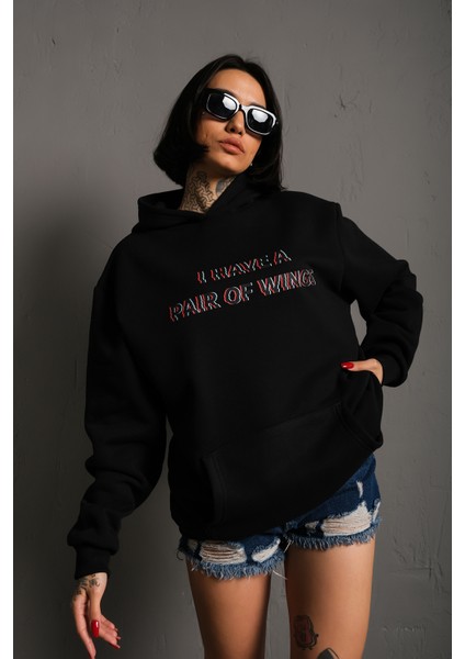 Kadın Sırt Kanat Önü Slogan Baskılı Kapüşonlu Oversize Sweatshirt