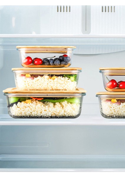 Bambu Kapaklı 3'lü Diktörtgen Vakumlu Kase Cam Saklama KABI(640-1000-1500 Ml)