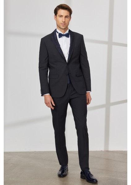 ALTINYILDIZ CLASSICS Erkek Lacivert Slim Fit Dar Kesim Çıkma Şal Yaka Yünlü Smokin Takım