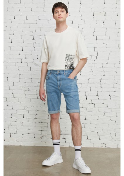 Erkek Mavi Slim Fit Dar Kesim Pamuklu Esnek Denim Şort