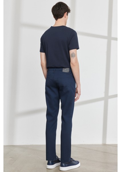 Erkek Lacivert Slim Fit Dar Kesim 5 Cep Armürlü Esnek Pantolon