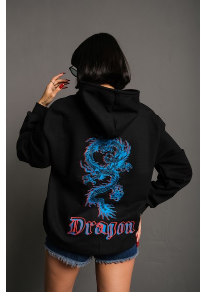 Unisex Önü Dragon Yazılı Sırt Dragon Baskılı Kapüşonlu Oversize Sweatshirt fiyatları