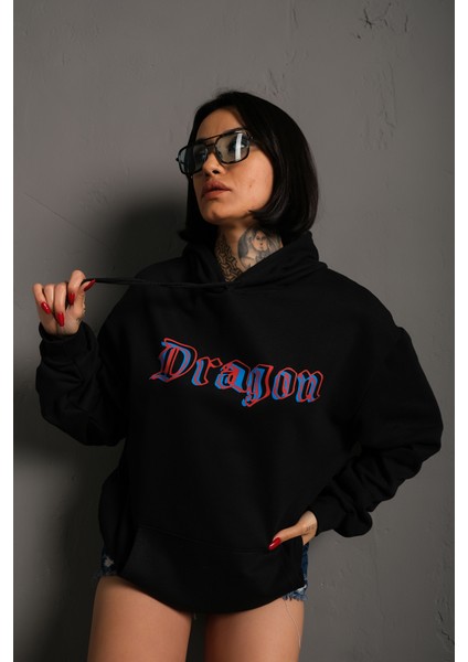 Unisex Önü Dragon Yazılı Sırt Dragon Baskılı Kapüşonlu Oversize Sweatshirt
