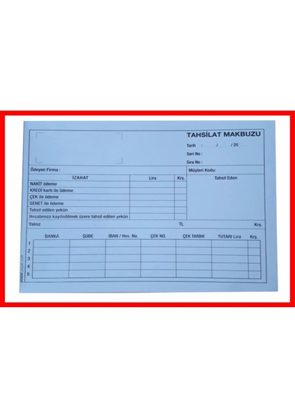 Tahsilat Makbuzu Boyutunda 2/50 Otokopili 1 Asıl 2 Suret 3 Nüsha 14 x 20 cm