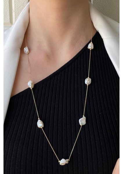 14 Ayar Altın Kadın Beyaz Barok İnci Zincir Kolye