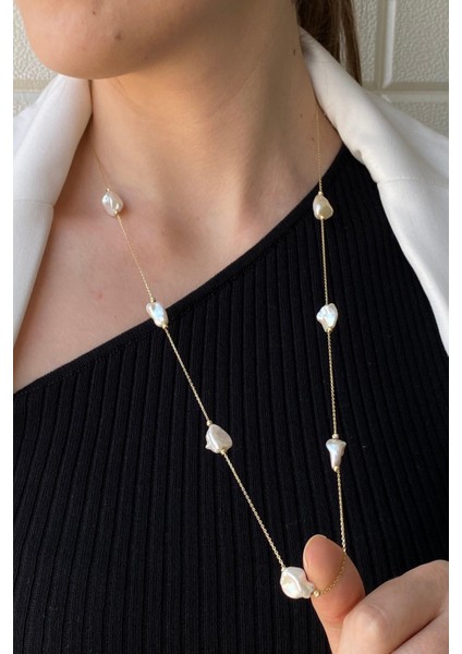 14 Ayar Altın Kadın Beyaz Barok İnci Zincir Kolye modelleri