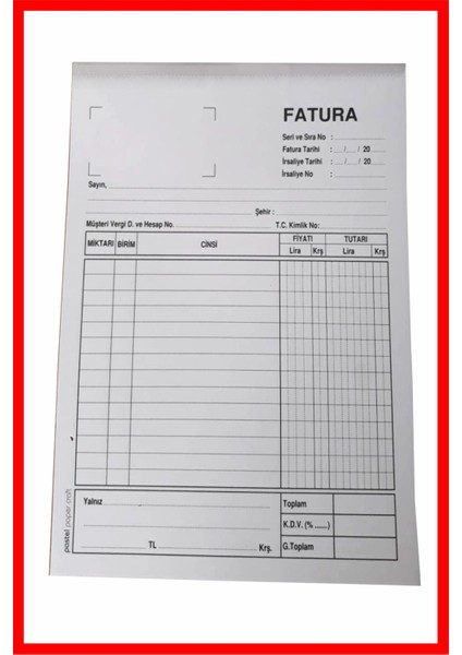 Fatura Defteri Boyutunda 2/50 Otokopili 1 Asıl 2 Suret 3 Nüsha 14 x 20 cm