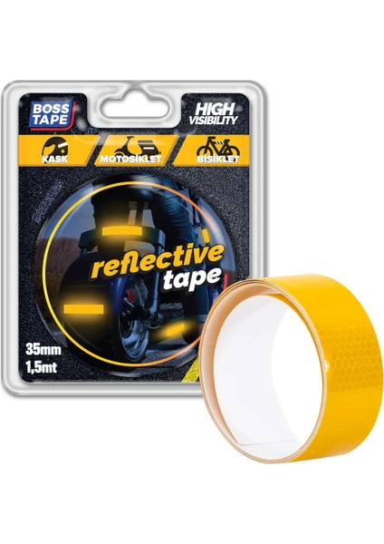 Boss Tape Reflektif Işık Gelince Parlayan Kedi Gözü Bant Sarı En:35mm Boy:1,5mt Motosiklet Bisiklet Dorse