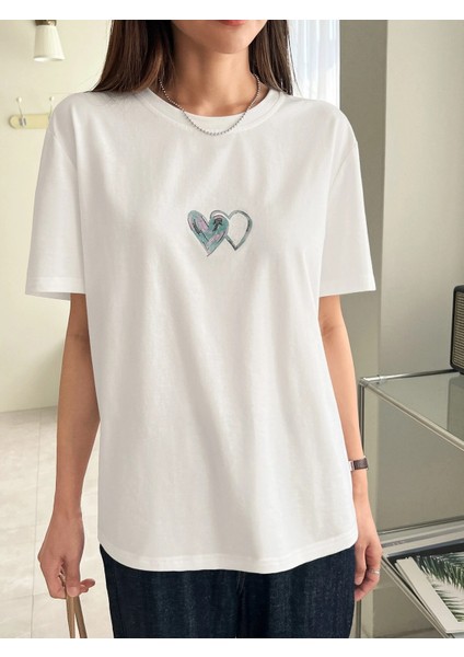 Kadın Çift Heart Baskılı Oversize T-Shirt