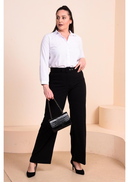 Kadin Buyuk Beden Kumas Pantolon Kemerli ve Geniş Paça Palazzo Model