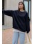 Kadın Lacivert Basic 0 Sıfır Yaka Baskısız Düz Oversize Salaş Bol Kesim Sweatshirt 2