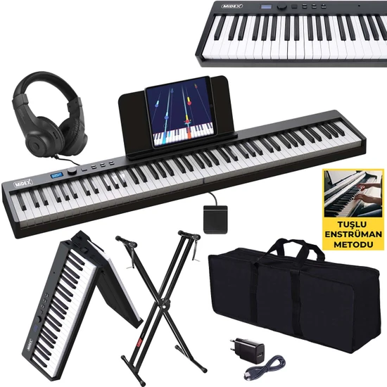 Midex PLX-100BK-ST Taşınabilir Dijital Piyano Tuş Hassasiyetli 88 Tuş Bluetooth Şarjlı (Stand Sustain Kulaklık Çanta Metod)