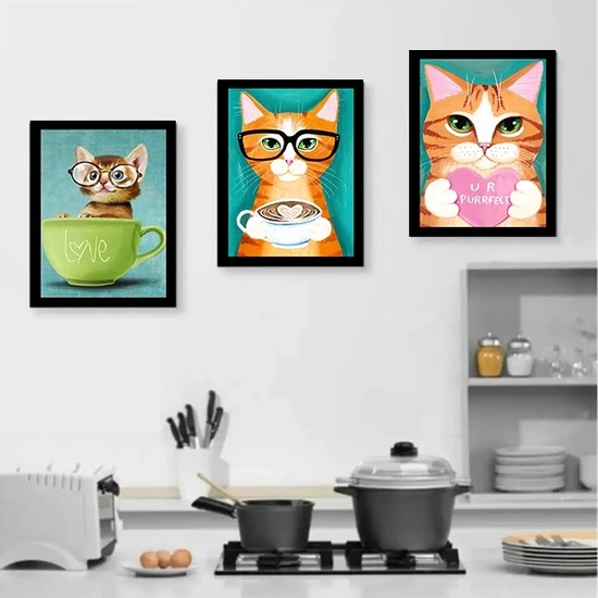 Trend Poster Renkli Kedi Coffee Love Kahve Köşesi Tablo Retro Ahşap Poster