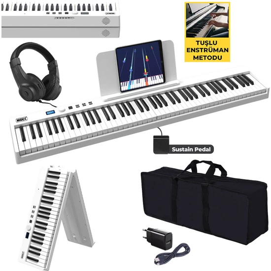 Midex PLX-100WH Taşınabilir Dijital Piyano Tuş Hassasiyetli 88 Tuş Bluetooth Şarjlı (Sustain Pedalı Kulaklık Çanta Metod)