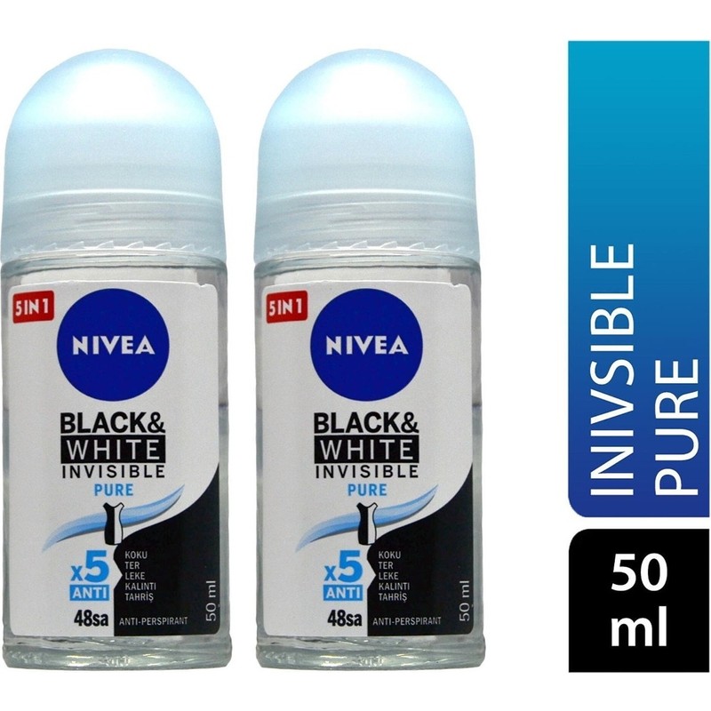Nivea Kadın Roll On Deodorant Black&white Invisible Pure 48 Saat Anti-Perspirant Koruma 50ML 42243229 (2 Adet)