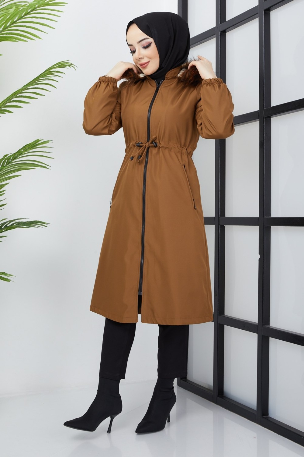 Hafsa Mina Beli Bağcıklı Mont Taba görsel 5