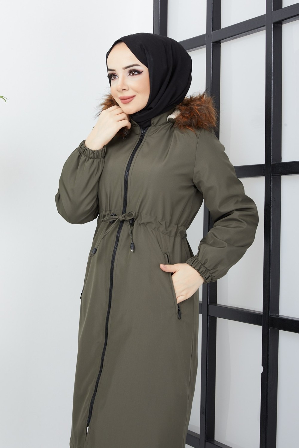 Hafsa Mina Beli Bağcıklı Mont Haki görsel 2