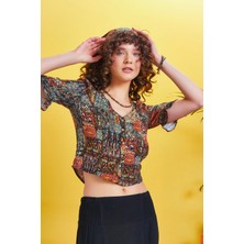 Los Banditos Kuş Gözü Sırt Detaylı Bohem Tarz Fırfırlı V Yaka Bluz