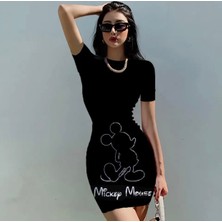 Amor Man Özel Tasarım Mickey Mouse Baskılı Likralı %100 Pamuk Slim Fit Kısa Kollu Yazlık  Kadın Spor Elbise