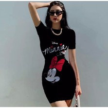 Amor Man Özel Tasarım Minnie Baskılı %100 Pamuk Yuvarlak Yaka Kısa Kollu Yazlık Likralı Kadın Spor Elbise