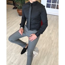 Terzi Adem Italyan Stil Slim Fit Saten Kravat Yaka Gömlek Siyah T4767