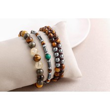 Osmanlı Doğal Taş Hematit-Kaplan Gözü-Malakit-Pirit Erkek Doğal Taş Bileklik Seti