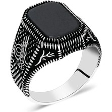 Takılingo 925 Ayar Gümüş Dörtgen Siyah Oniks Taşlı Tuğra Motifli Erkek Yüzük