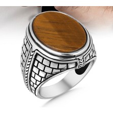 Takılingo 925 Ayar Gümüş Çizgi Tasarım Oval Kahverengi Kaplangözü Taşlı Erkek Yüzük