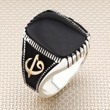 Takılingo 925 Ayar Gümüş Elif Vav Model Düz Siyah Oniks Taşlı Erkek Yüzük