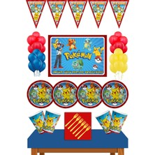 Parti Furyası Pokemon Doğum Günü Konsepti Büyük Afişli 50X70 cm 32 Kişilik Pokemon Doğum Günü Seti 