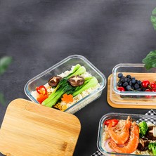 Morponi Bambu Kapaklı 3'lü Diktörtgen Vakumlu Kase Cam Saklama Kabı (640-1000-1500 Ml)