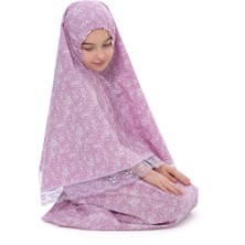 Oulabi Mir Kız Çocuk Namaz Elbisesi Pamuklu Çiçek Baskılı Dantel Detaylı Lila