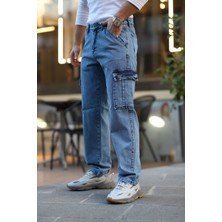 Little Cup Jeans Co  Erkek Açık Mavi Baggy Fit Rahat Kalıp Kargo Jean Pantolon