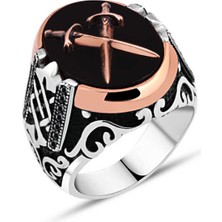 Amberkan Oniks Taş Üzeri Çift Kılıç Kenarları Minik Siyah Zirkon Taşlı Erkek Yüzük