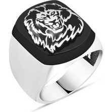 Amberkan Oniks Taş Üzeri Gümüş Aslan Başı Erkek Yüzük