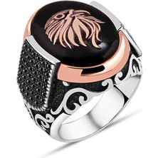 Amberkan Oniks Taş Üzeri Kartal Başlı Kenarı Minik Zirkon Taşlı Erkek Yüzük