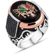 Amberkan Oniks Taş Üzeri Osmanlı Armalı Yanları Minik Zirkon Taşlı Erkek Yüzük