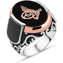 Amberkan Oniks Taş Üzeri Osmanlı Tuğra Yanları Minik Zirkon Taşlı Erkek Yüzük