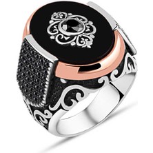 Amberkan Oniks Taşlı Ortası Zirkon Taşlı Motifli Erkek Yüzük