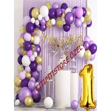 Çıtı Pıtı Store 1 Yaş Macaron Mor Balon Zinciri Seti Gölge Mor Altın Balon Dekorasyon